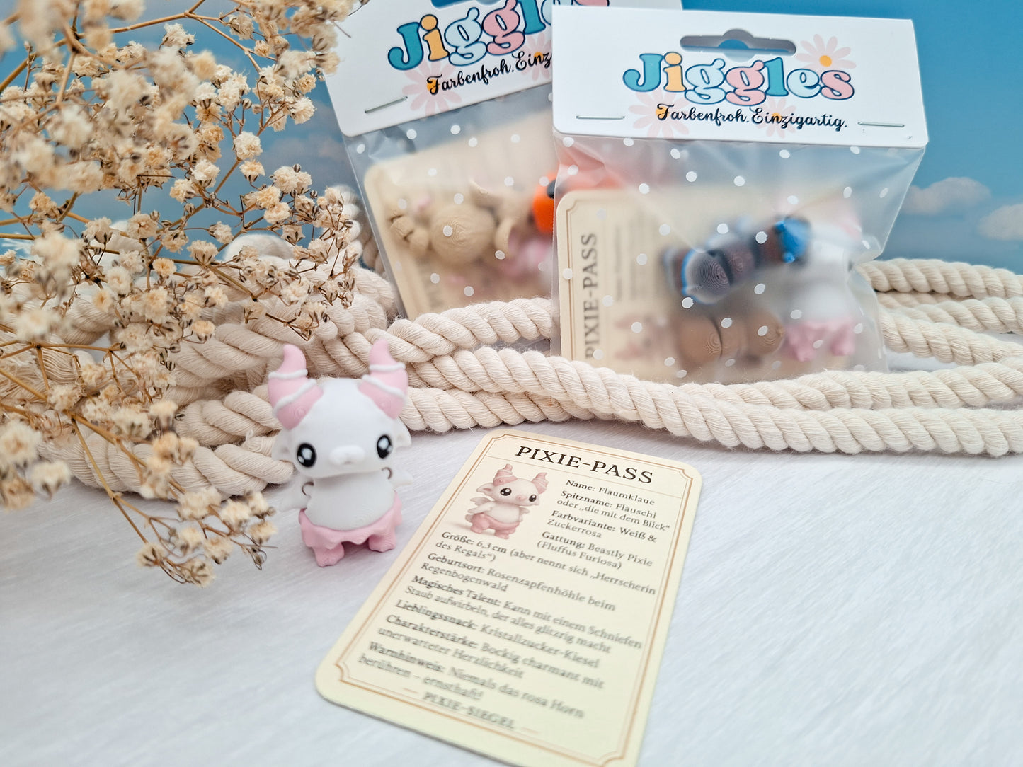 Jiggles & Flaumklaue Pixie Set – 3D-Fantasyfiguren mit Pixie-Pass – Handgemachte Miniaturen aus PLA – Limited Sammlerbox